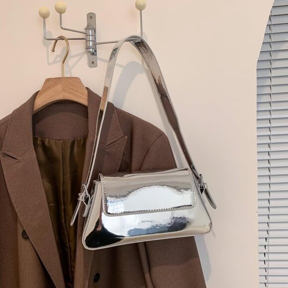 Silver Metallic Evening Bag for Women Y2K Shoulder Purse for Prom Wedding Party - Picture 3 of 5